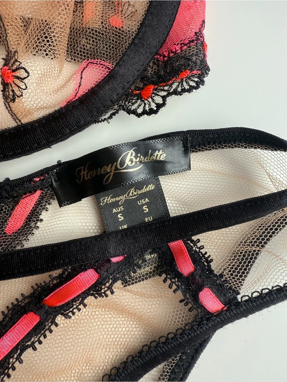 Honey Birdette Set Pasha Pink Black bra 8f 30g sister cup size 32ddd panty S